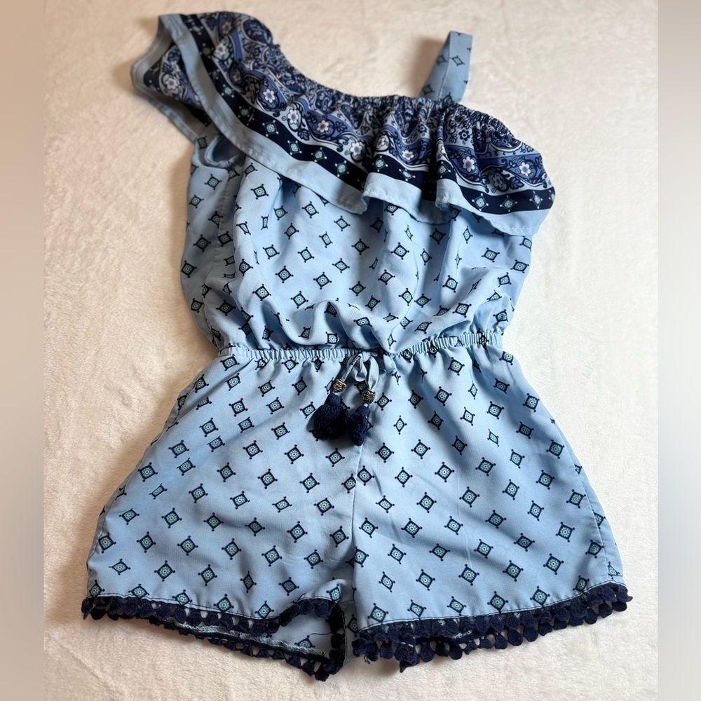 Sequin Hearts Blue Geometric Kids Romper